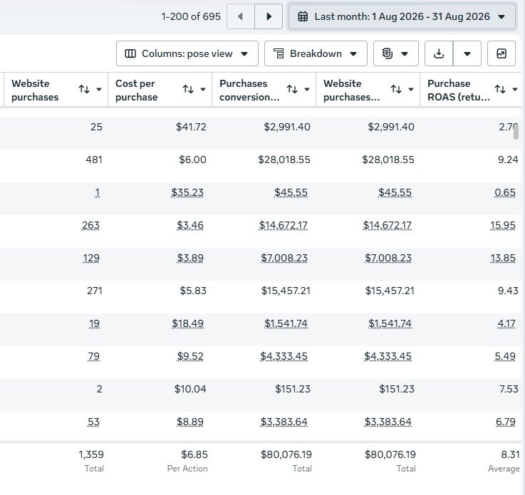 Campaign result · August 2026 · 1,359 website purchases · $80,076.19 purchase conversion value · 8.31 average ROAS