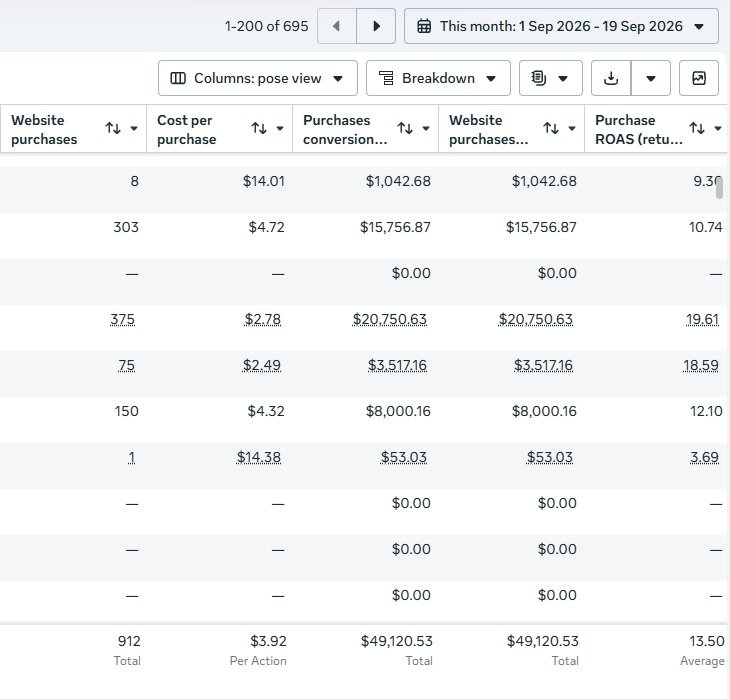 Campaign result · September 2026 · 912 website purchases · $49,120.53 purchase conversion value · 13.50 average ROAS