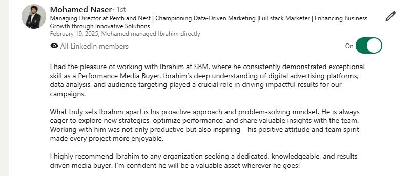 Original LinkedIn review from Mohamed Naser