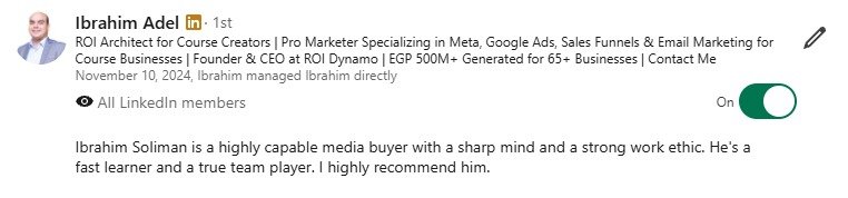 Original LinkedIn review from Ibrahim Adel