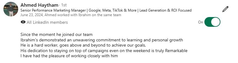Original LinkedIn review from Ahmed Haytham