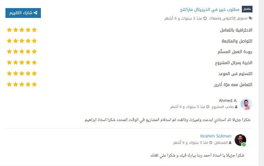Original Mostaql review from Ahmed A. — Digital marketing
